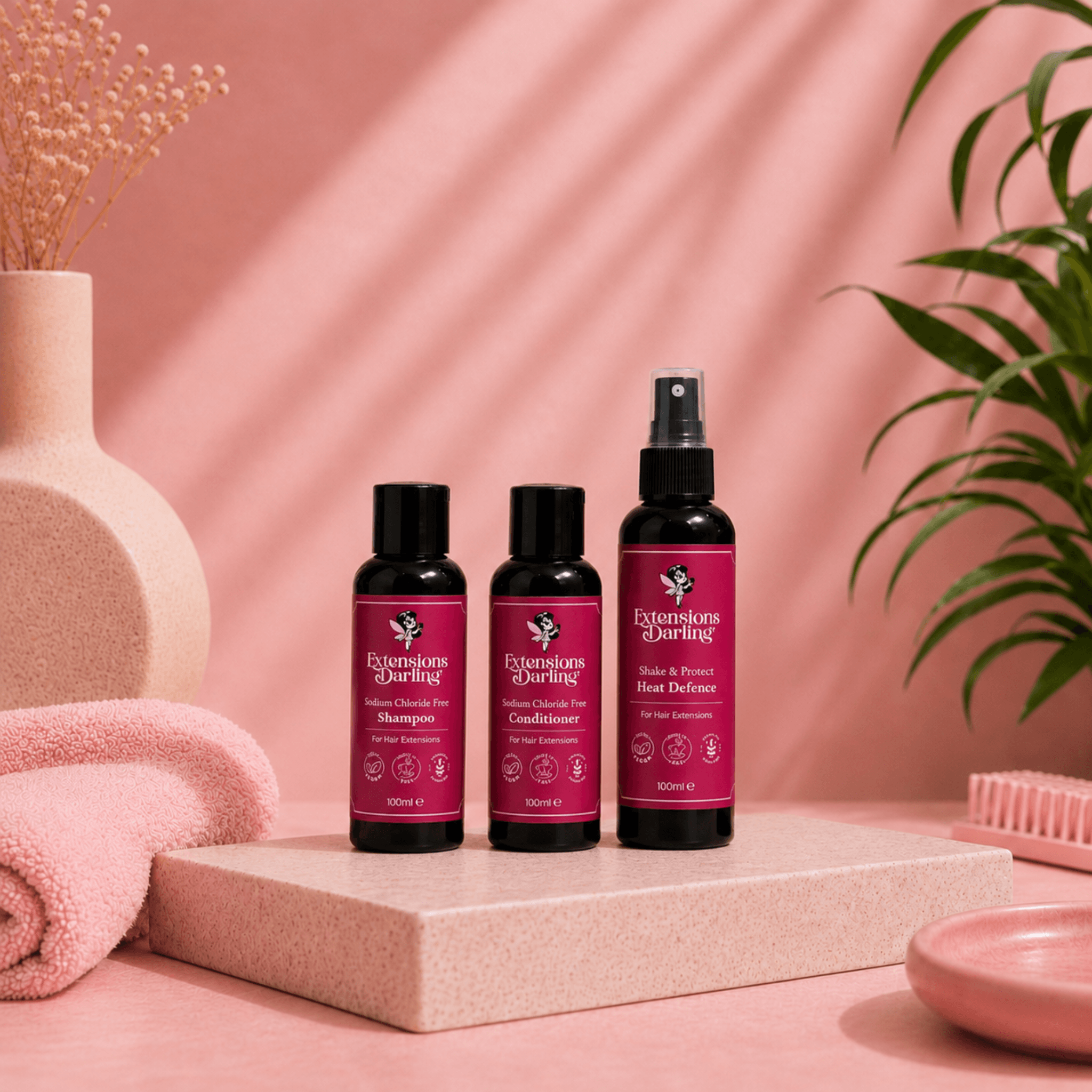 100ml bottles of Shampoo, Conditioner and Heat Defence