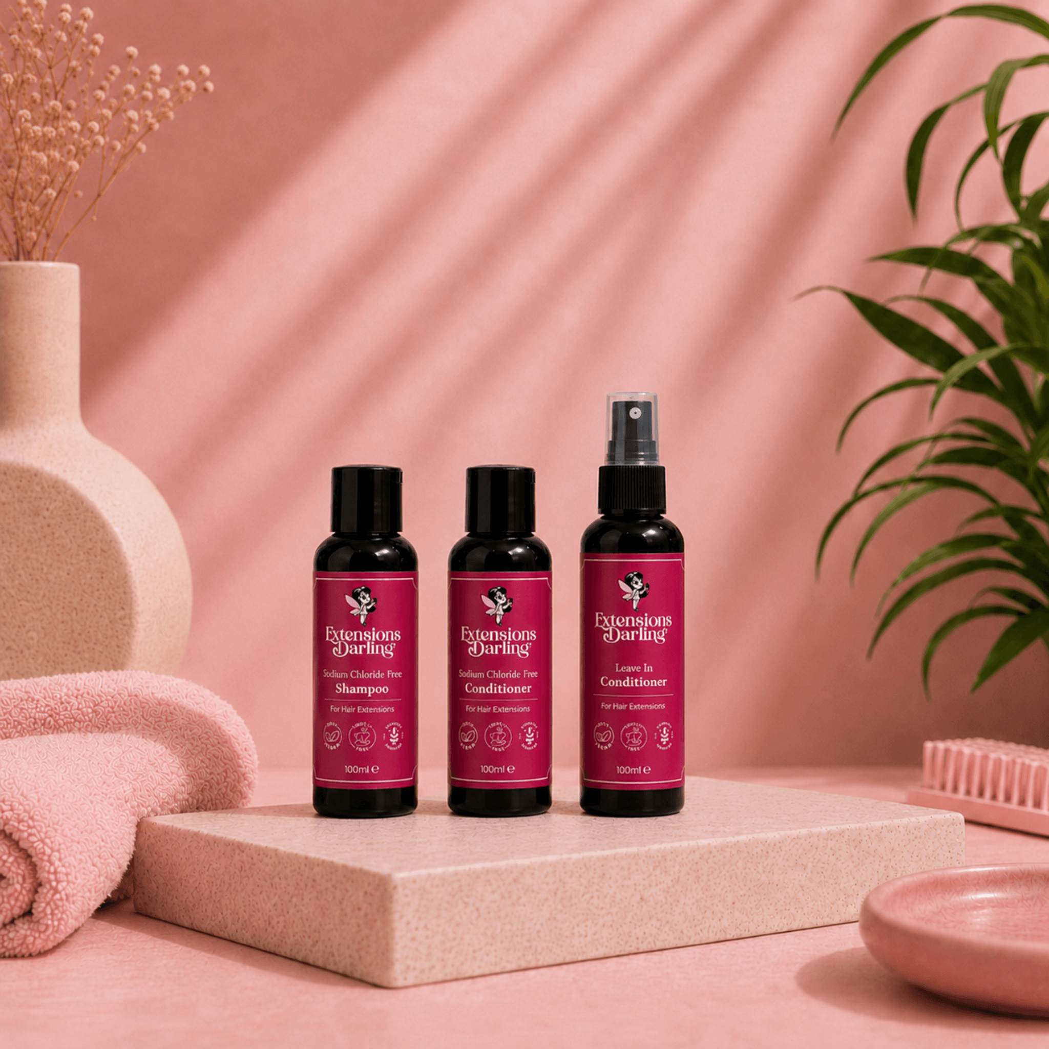 100ml bottles of Shampoo, Conditioner and Leave in conditioner